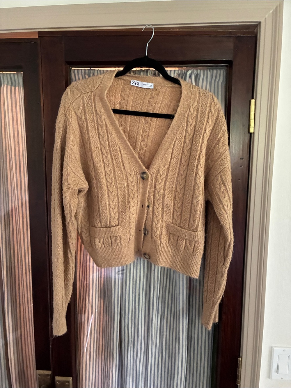 Zara Camel Cable-Knit Button Cardigan